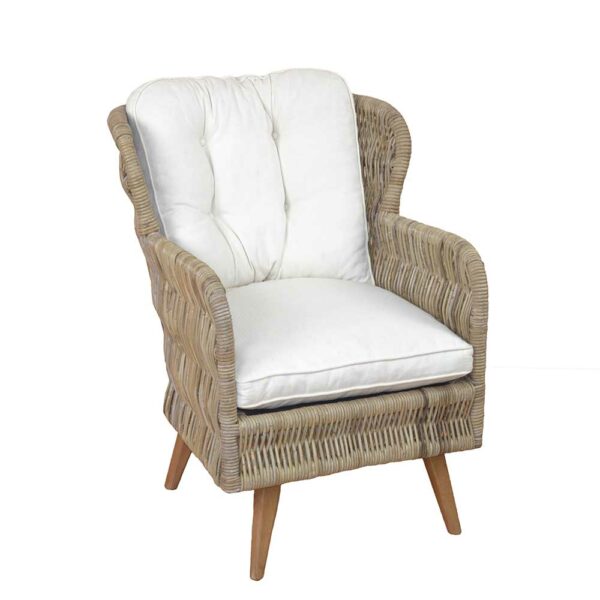 Rattan Ohrensessel in Beige Polster