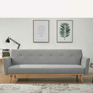 Funktions Sofa in Hellgrau und Holz Naturfarben Rücken Klappmechanik