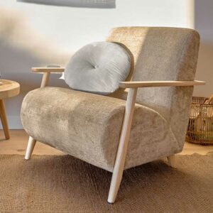 Mid Century Sessel in Beige Chenille Holz Armlehnen