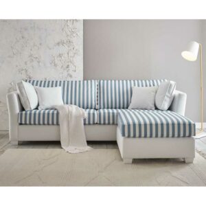 Sofa mit Hocker gestreift in Blau und Cremeweiß Landhausstil (zweiteilig)