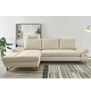 Cremefarbenes Ecksofa aus Velours und Buche Massivholz Skandi Design