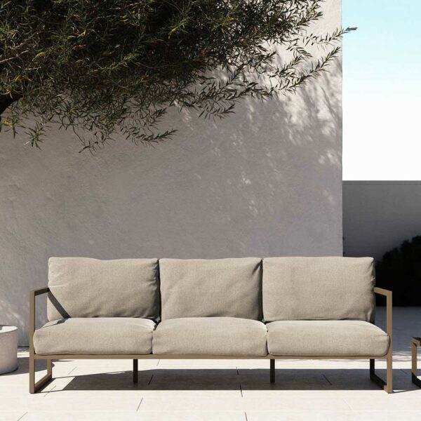Dreisitzer Sofa Outdoor in Hellgrau und Graugrün Aluminium und Stoff