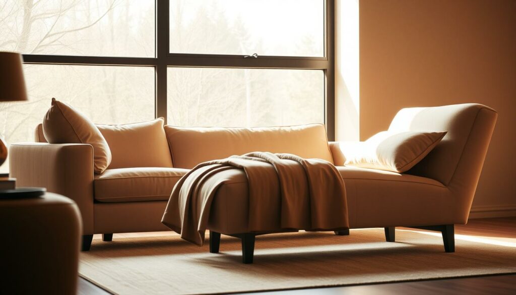 A contemporary living room interior with a plush, modern sofa and a more casual, relaxed chaise lounge chair positioned side by side. The scene is bathed in warm, diffused lighting from a large window, casting soft shadows and highlighting the distinct textures and silhouettes of the two furniture pieces. The background is minimalist, allowing the focus to remain on the contrast between the structured sofa and the fluid, reclined chaise. The image should convey a sense of comfort and subtle sophistication, highlighting the subtle differences in design and function between a sofa and a chaise lounge.