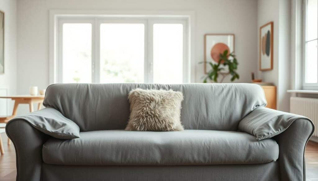 A cozy living room scene with a plush, grey fabric-covered sofa in the foreground. The sofa is positioned in a bright, airy space with large windows letting in natural light. Soft, diffused lighting creates a warm, inviting atmosphere. In the middle ground, a fluffy, decorative throw pillow sits on the sofa, complementing the fabric's texture. The background showcases a minimalist, Scandinavian-inspired decor, with a potted plant and a piece of abstract wall art adding subtle pops of color. The overall composition emphasizes the clean, stain-resistant nature of the sofa cover, highlighting its suitability for preventing unwanted marks and spills.