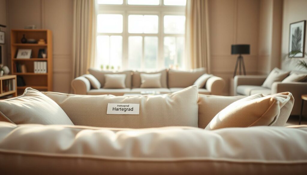 A cozy living room setting showcasing a series of upholstered sofas in various levels of firmness. The foreground features a plush, medium-soft sofa in neutral tones, inviting viewers to sink into its cushions. The middle ground displays a selection of sofas, each with a clear label indicating its "Härtegrad" or firmness level, ranging from soft to firm. The background subtly depicts a warm, sunlit interior with large windows, casting a gentle glow over the scene. The lighting is natural and diffused, creating a serene and welcoming atmosphere. The camera angle is slightly elevated, allowing the viewer to appreciate the detailed textures and upholstery of the sofas. The overall composition emphasizes the importance of selecting the right sofa firmness for optimal comfort and support.