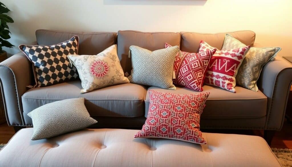 A cozy living room setting with a plush, gray couch as the focal point. Arranged artfully around it are a collection of patterned throw pillows, each showcasing a unique geometric, floral, or ethnic-inspired design. The lighting is soft and warm, creating a soothing, inviting atmosphere. The pillows are positioned in a visually pleasing arrangement, emphasizing their textural and visual contrast against the solid-colored couch. The overall scene captures the essence of mixing patterns and textures to create a harmonious and stylish living space.