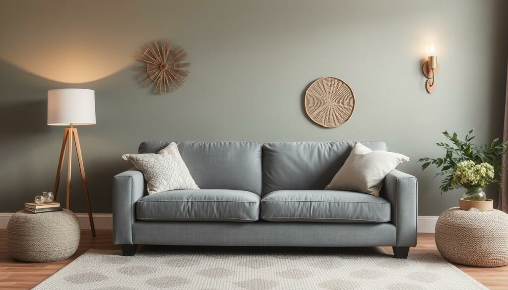 A cozy living room with a plush gray couch as the focal point. Warm, muted wall colors like sage green, soft beige, or earthy gray create a calming, inviting atmosphere. Subtle textures, such as woven natural fiber accents or a patterned throw pillow, add visual interest. Diffused lighting from a floor lamp or sconces casts a gentle glow, highlighting the tactile qualities of the room. The overall scene exudes a sense of tranquility and relaxation, perfectly suited for a space centered around a gray sofa.