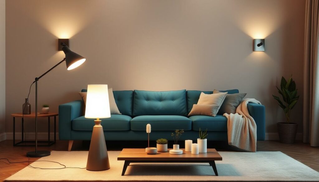 A cozy living room with a warm, inviting atmosphere. The focus is a chic petrol blue sofa, illuminated by a combination of soft, indirect lighting. In the foreground, a sleek, modern floor lamp casts a gentle glow, complementing the ambient light from a pair of minimalist sconces mounted on the walls. In the middle ground, a low, wooden coffee table holds decorative accessories that echo the room's color palette, such as candles and potted plants. The background features a neutral-toned accent wall, providing a clean, uncluttered backdrop to showcase the carefully curated furnishings and lighting elements.