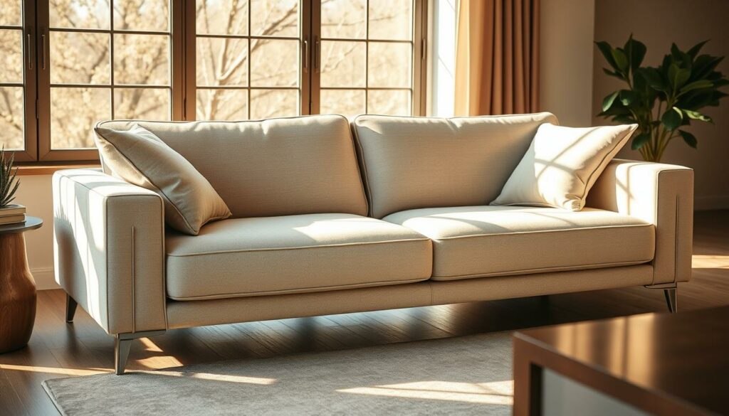 A cozy, modern sofa with clean lines and a stylish design, bathed in warm, natural lighting. The sofa's sleek, minimalist frame is upholstered in a neutral, high-quality fabric, complemented by soft, plush cushions that invite relaxation. The scene is set against a backdrop of a bright, airy room with large windows, allowing the natural light to subtly highlight the sofa's elegant silhouette. The overall atmosphere is one of sophistication and comfort, perfectly capturing the essence of "Sofa Stil" for the "Design und Optik" section of the article.