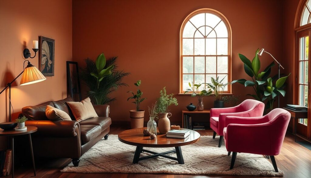 A cozy retro-chic living room with a plush brown leather sofa and a pair of pink velvet armchairs. The walls are painted in a warm, earthy tone, accented by vintage-inspired wall sconces and a large arched window that floods the space with soft, natural light. A low, curved coffee table in polished wood sits atop a plush, patterned rug, and a mid-century modern floor lamp casts a gentle glow. Lush houseplants and a few carefully curated decorative items, such as a ceramic vase and a stack of antique books, add to the room's inviting, relaxed atmosphere. The overall aesthetic blends the rich, timeless appeal of brown with the whimsical charm of pink, creating a harmonious and visually striking retro-chic ambiance.