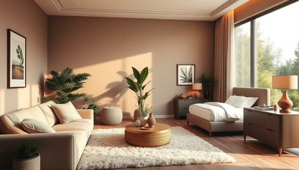 A cozy taupe living room with a plush sofa and textured accent chairs. Warm lighting casts a golden glow, complementing the neutral color palette. Lush potted plants and a large window overlooking a serene garden scene create a harmonious, nature-inspired ambiance. Minimalist wall decor and a fluffy area rug ground the space, inviting relaxation. The bedroom features a taupe upholstered bed frame, crisp white linens, and an elegant dresser. Soft lighting from a table lamp and floor-to-ceiling drapes add a sense of tranquility. Throughout the space, taupe is seamlessly integrated, creating a cohesive, sophisticated design.