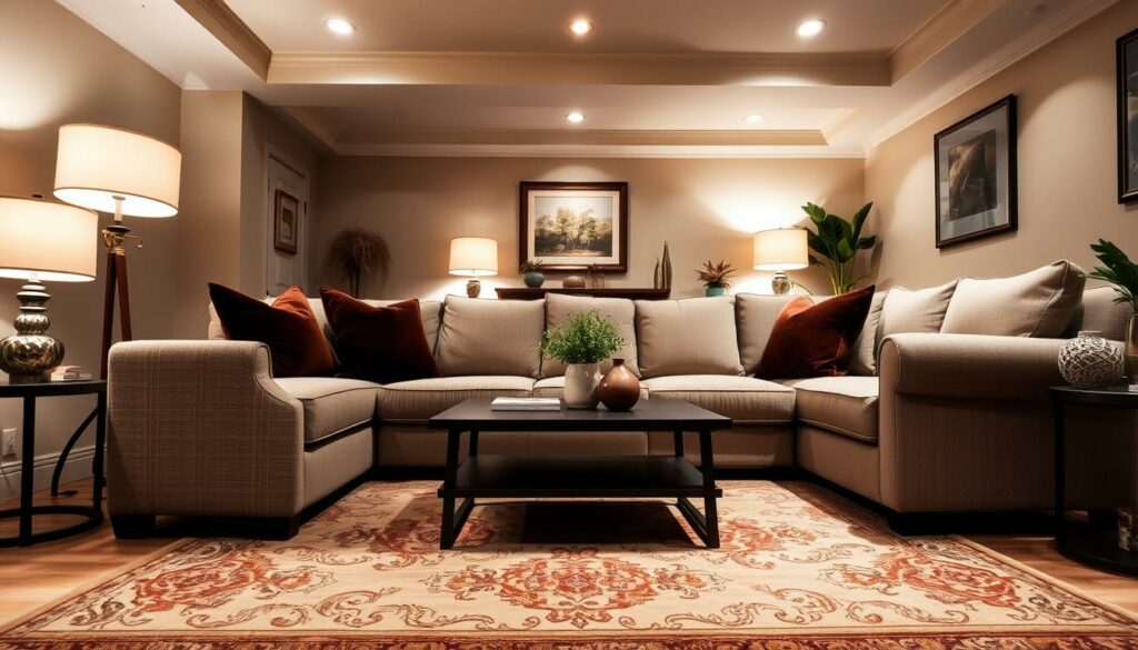 A cozy, well-appointed living room with a beige sofa and a tastefully selected, room-specific carpet. The carpet features a subtle, earthy color palette with intricate patterns, drawing the eye and complementing the neutral tones of the furniture. Soft, diffused lighting from floor lamps and recessed ceiling fixtures creates a warm, inviting ambiance, highlighting the textures and details of the carpet. The composition emphasizes the harmonious integration of the carpet within the overall room design, showcasing how the right rug can enhance the aesthetic and functionality of a space.