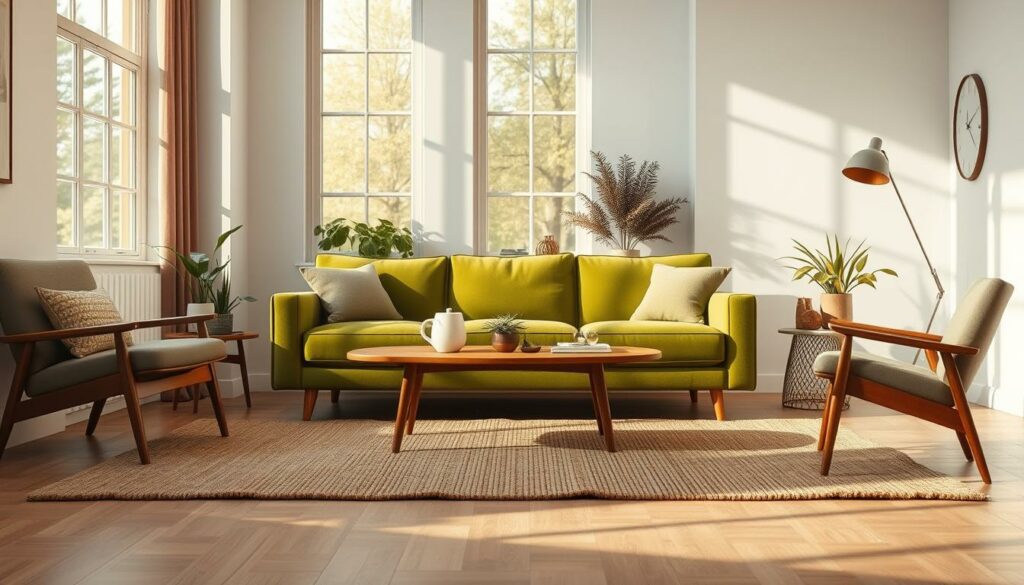 A cozy, well-designed living room with a plush, verdant green couch as the focal point. The room features warm, natural lighting from large windows, creating a tranquil, inviting atmosphere. In the foreground, a high-quality, textured area rug in complementary earth tones grounds the space, while minimalist, mid-century modern furniture and decor elements create a harmonious, aesthetically-pleasing composition. The background showcases clean, white walls and subtle hints of greenery, adding a touch of nature to the serene setting. The overall scene conveys a sense of balance, comfort, and sophistication, suitable for a variety of room sizes and layouts.