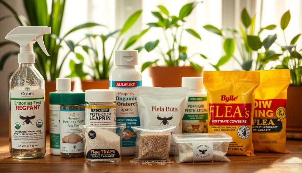 A detailed, well-lit close-up shot of several thorough long-term flea control methods, including organic pest repellent sprays, diatomaceous earth powders, flea traps, and integrated pest management strategies. The items are arranged neatly on a wooden surface, with a serene, natural backdrop of potted plants and indirect window lighting creating a calming, domestic atmosphere. The focus is on showcasing the effectiveness and eco-friendly nature of these long-term flea eradication techniques, conveying a sense of a thoughtful, comprehensive solution to the problem.