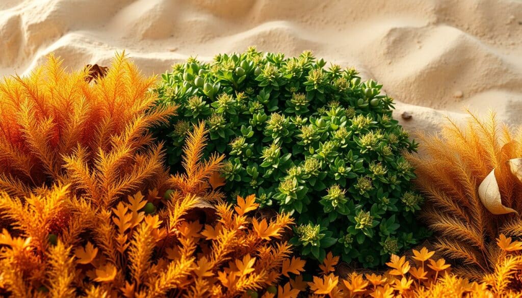 A harmonious blend of natural hues, showcasing a serene and earthy color palette. In the foreground, a spectrum of warm ochres, terracotta, and sun-kissed oranges intermingle, creating a soft, inviting atmosphere. The middle ground features a tapestry of lush greens, from emerald to olive, evoking a sense of balance and tranquility. In the background, muted tones of beige, tan, and subtle browns provide a grounding foundation, reflecting the natural world. Soft, diffused lighting casts a gentle glow, highlighting the depth and richness of the colors. Captured with a wide-angle lens, the composition emphasizes the seamless integration of these natural tones, creating a harmonious and visually appealing scene.