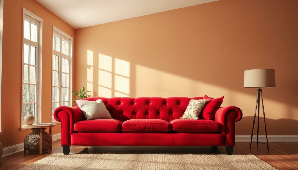 A luxurious red sofa stands prominently in the center of a cozy living room, its plush fabric catching the warm light that filters in through large windows. The walls are painted in a soft, earthy tone that complements the couch's rich hue, creating a harmonious and inviting atmosphere. Subtle hints of texture, such as a woven rug or a decorative throw pillow, add depth and character to the scene. The overall composition is balanced and visually pleasing, showcasing the perfect pairing of the red couch and the complementary wall color.