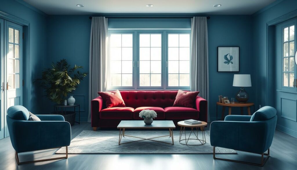 A serene and calming living room bathed in cool, soothing blue tones. The walls are painted in a soft, muted shade of azure, creating a tranquil and meditative atmosphere. In the center of the room, a plush, velvet sofa in a deep, rich bordeaux hue sits elegantly, its luxurious fabric contrasting beautifully with the cool blue surroundings. Tasteful, minimalist decor accents the space, including a sleek, wooden coffee table and a pair of modern, blue-tinted armchairs. Soft, natural lighting filters in through large windows, casting a warm, glowing ambiance throughout the room. The overall composition conveys a sense of relaxation and serenity, perfect for a cozy and calming retreat.