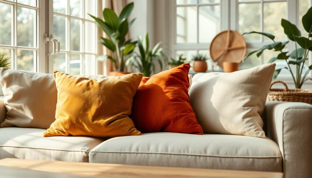 A serene, eco-friendly living room scene. In the foreground, plush, organically-shaped throw pillows in earthy tones of moss green, ochre, and terracotta rest on a beige linen couch. Soft, diffused natural light filters through large windows, casting a warm glow on the scene. Potted plants and a woven basket add natural textures, while a wooden coffee table grounds the composition. The overall atmosphere is one of tranquility and sustainable elegance, perfectly complementing the beige couch.