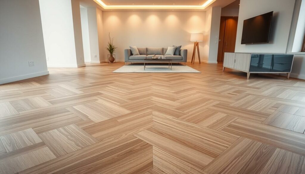 A spacious, modern living room with a sleek, minimalist hardwood floor. The floor is the focal point, featuring a geometric pattern of light and dark wood panels that create a visually striking and textured surface. Soft ambient lighting illuminates the room, casting a warm glow and highlighting the natural grain of the wood. The layout is open and airy, with a minimalist furniture arrangement that allows the floor to shine. A sense of balance and harmony pervades the space, creating a calming and refined atmosphere that would complement a variety of decor styles, including the absence of a traditional carpet under the sofa.