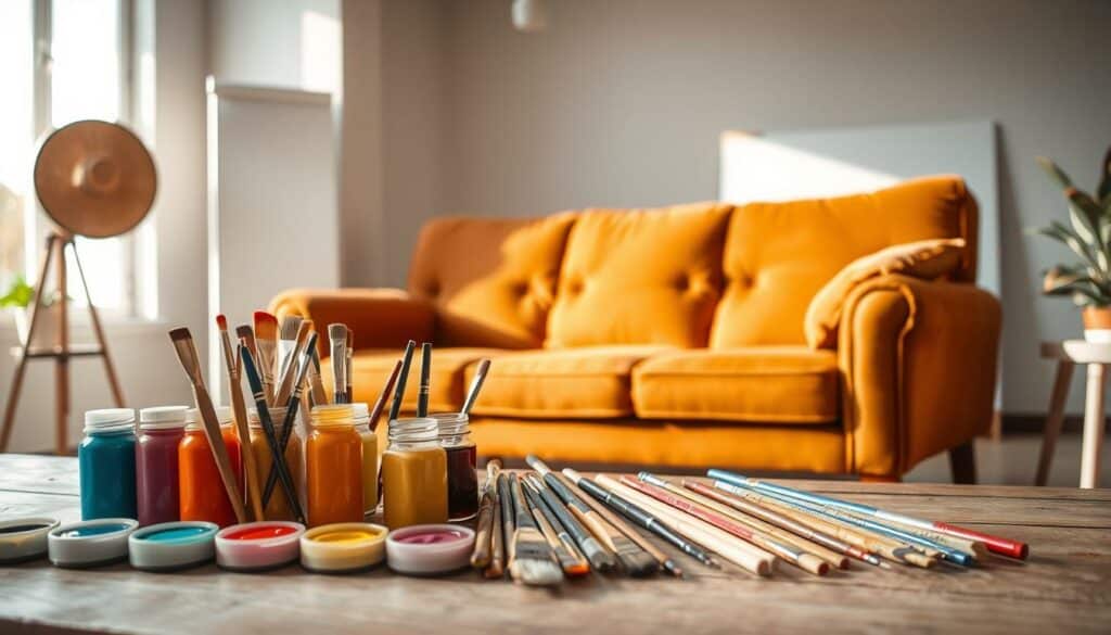 A vibrant color experimentation scene. In the foreground, an assortment of vivid paints and brushes arranged on a wooden table, inviting the viewer to explore creative color combinations. In the middle ground, a large, plush cognac-colored sofa serves as the canvas, its rich hues waiting to be accentuated. The background features a minimalist, well-lit studio space, highlighting the focus on the individuality of color exploration. Soft, natural lighting casts a warm, ambient glow, emphasizing the tactile nature of the materials. The overall mood is one of artistic discovery, encouraging the viewer to envision unique color pairings for their living space.