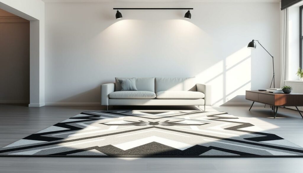 A vibrant, geometric rug takes center stage in a modern, minimalist living room. The rug features a symmetrical, angular pattern in shades of gray, black, and white, creating a striking visual contrast against the neutral-toned sofa and walls. Soft, diffused lighting from overhead fixtures casts a warm, inviting glow, accentuating the intricate details of the rug's design. The room's clean, uncluttered aesthetic emphasizes the rug's role as the focal point, evoking a sense of tranquility and sophistication. The resulting image perfectly captures the essence of "Geometrische Muster für ein modernes Wohngefühl".
