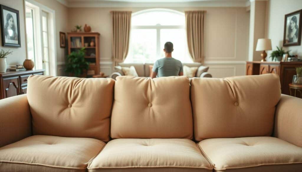 A well-lit living room scene with a plush, overstuffed sofa in the foreground. The sofa's cushions are evenly distributed, showing no signs of sagging or dips. The room is decorated in a warm, cozy palette, with wooden furniture and soft textiles. In the middle ground, a person is seated upright on the sofa, maintaining good posture. The background depicts a window, allowing natural light to fill the space. The overall impression is one of comfort and support, showcasing preventative measures against the formation of unsightly seat indentations.