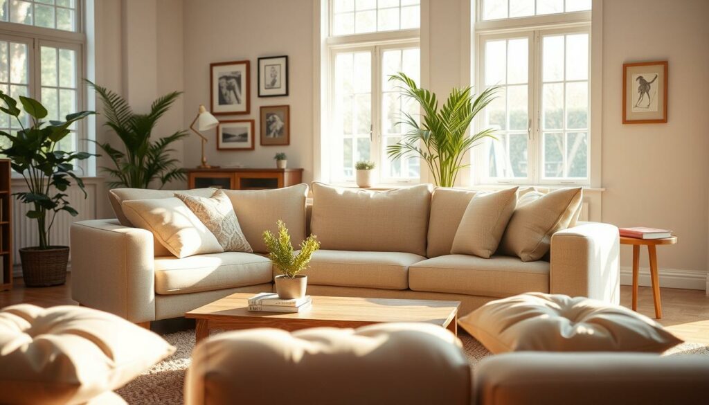 A well-maintained, cozy living room with a plush, beige fabric couch as the central focus. The couch is positioned in a warm, inviting space with natural light streaming in through large windows, casting a soft, golden glow. In the foreground, several decorative throw pillows in complementary tones add texture and visual interest. In the middle ground, a wooden coffee table holds a few books and a potted plant, while a cozy area rug anchors the space. The background features a few framed wall art pieces and a tall, leafy plant in the corner, creating a sense of depth and balance. The overall atmosphere is one of relaxation, comfort, and lasting elegance.