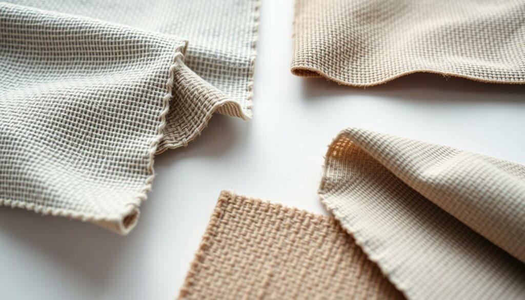Crisp, high-resolution close-up image of various textured fabric swatches laid out on a plain white background, showcasing their different weave patterns and scratch-resistant properties. The lighting is soft and diffused, highlighting the intricate textures and natural color variations of the materials. The camera angle is slightly elevated to provide an detailed, almost tactile view of the fabrics. The overall mood is clean, minimalist, and informative, emphasizing the practical and durable qualities of the materials.