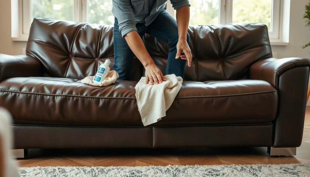 Leder Sofa reinigen: A high-resolution, detailed image of a person carefully cleaning a luxurious leather sofa. The sofa is positioned in a warm, well-lit living room, with soft natural light filtering through large windows. The person, dressed in casual attire, is using a soft cloth and specialized leather cleaner to gently wipe down the sofa's surface, removing any dirt or stains. The image captures the delicate care and attention required to maintain the rich, supple texture of the leather. The overall scene conveys a sense of relaxation and care for the home environment.